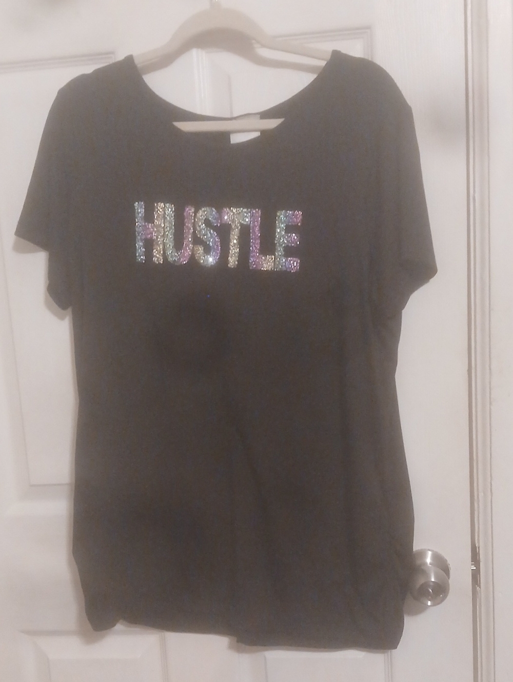 Women's Black Short-Sleeve Tee with Multicolor Sequin 'HUSTLE'